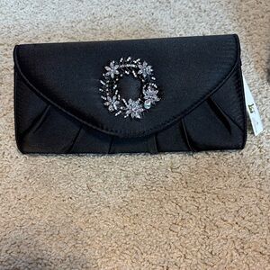 Black Satin Evening Clutch with Crystal Floral Wreath